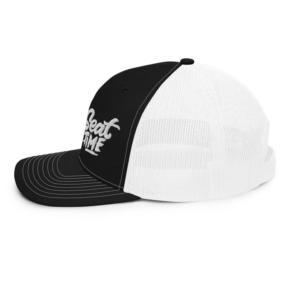The Seat Time trucker hat is made to cover up that post-ride helmet hair, for intense bench racing sessions, or showcasing your magnificent mullet. 
