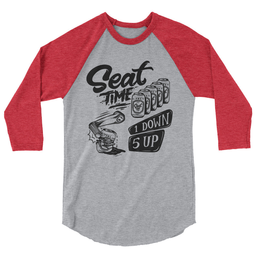 One Down, Five Up Shirt | Red and grey raglan laid out